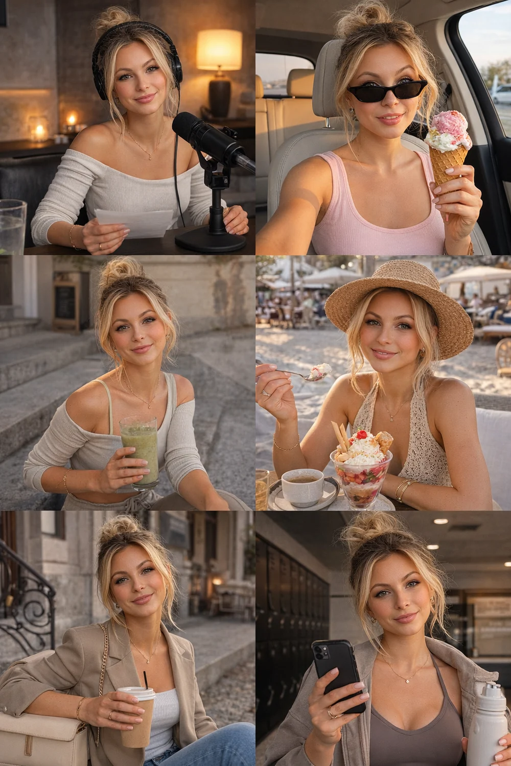 Same AI identity across six different scenes — cafe, street, car, studio, luxury, outdoor