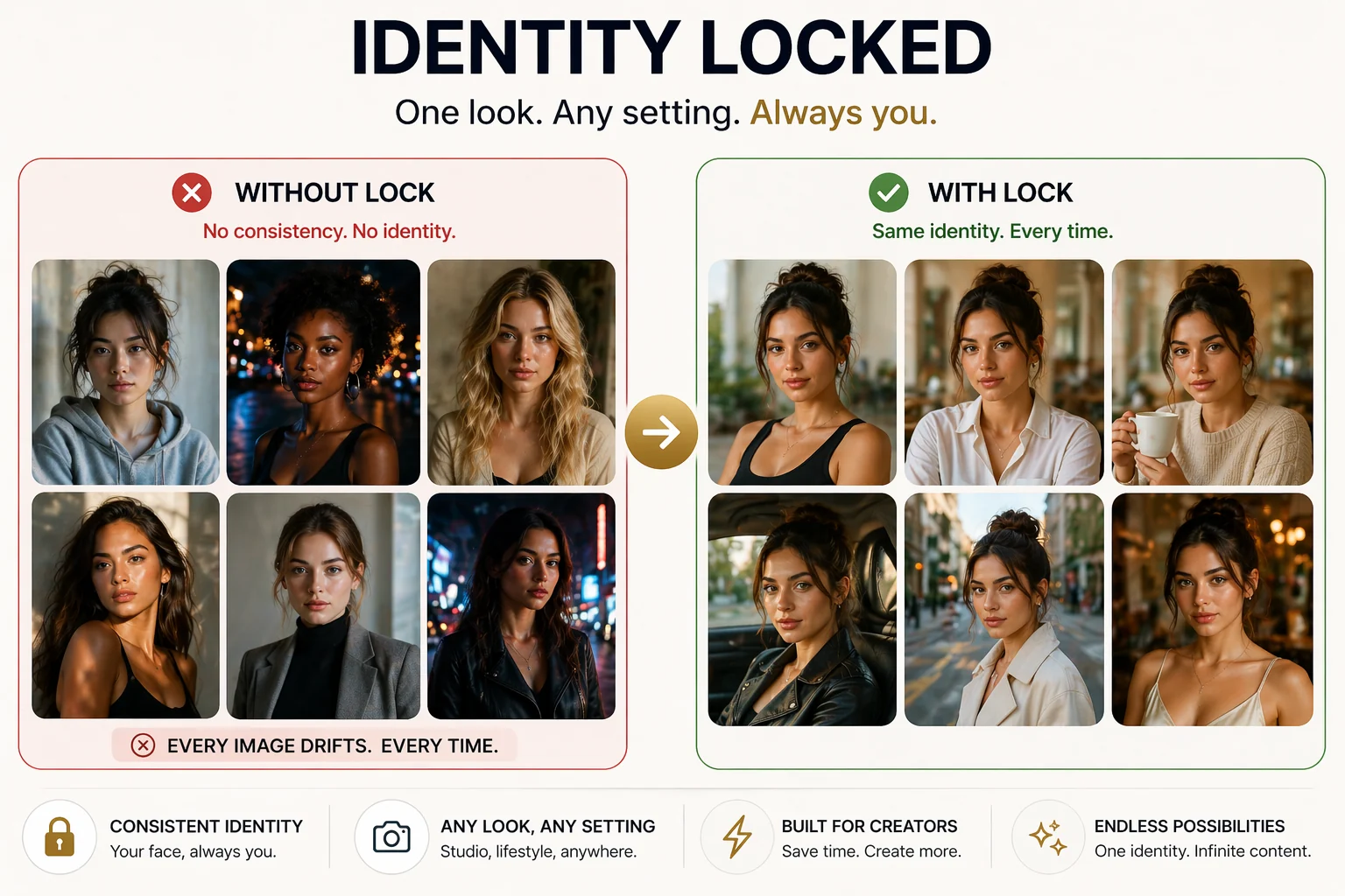 Before and after: random AI face drift vs. locked consistent AI identity