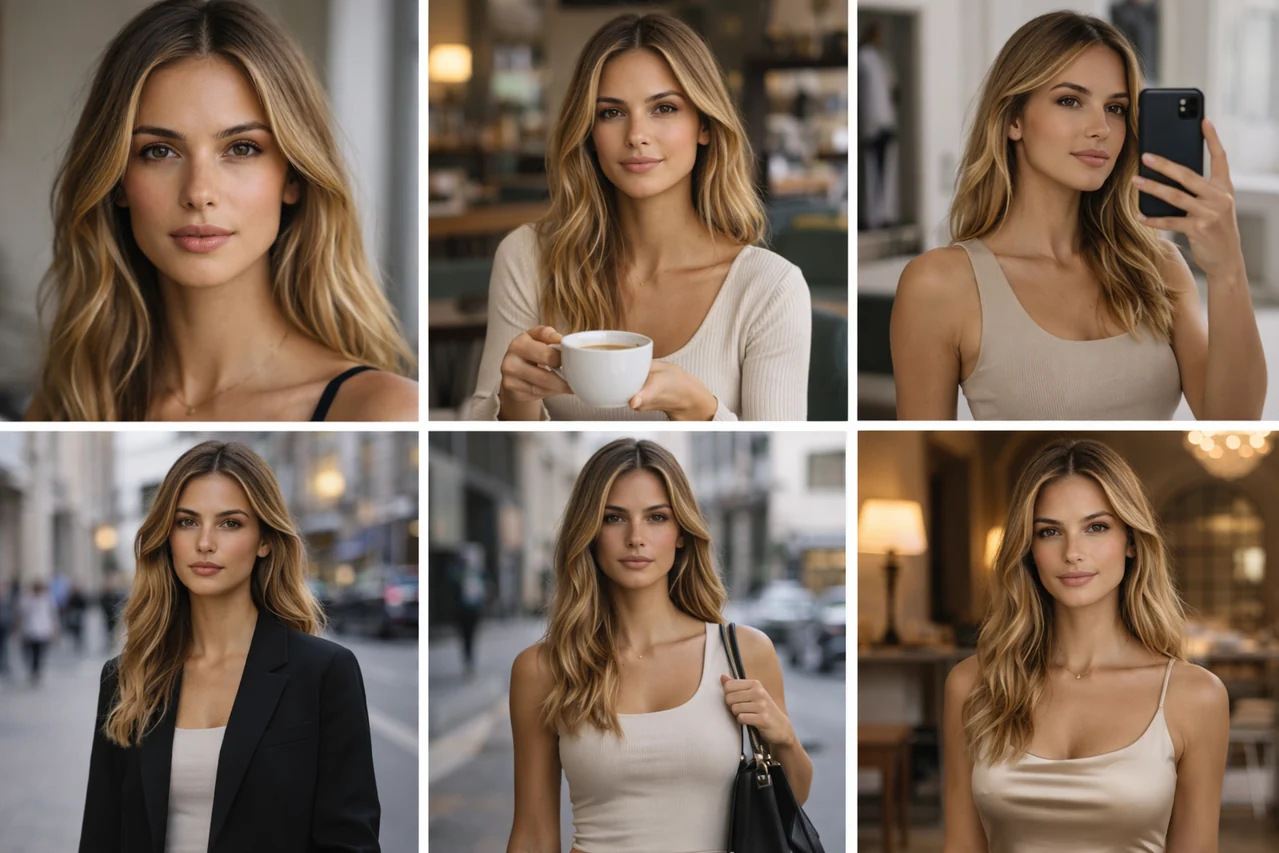 AI identity grid — same brunette persona across multiple scenes