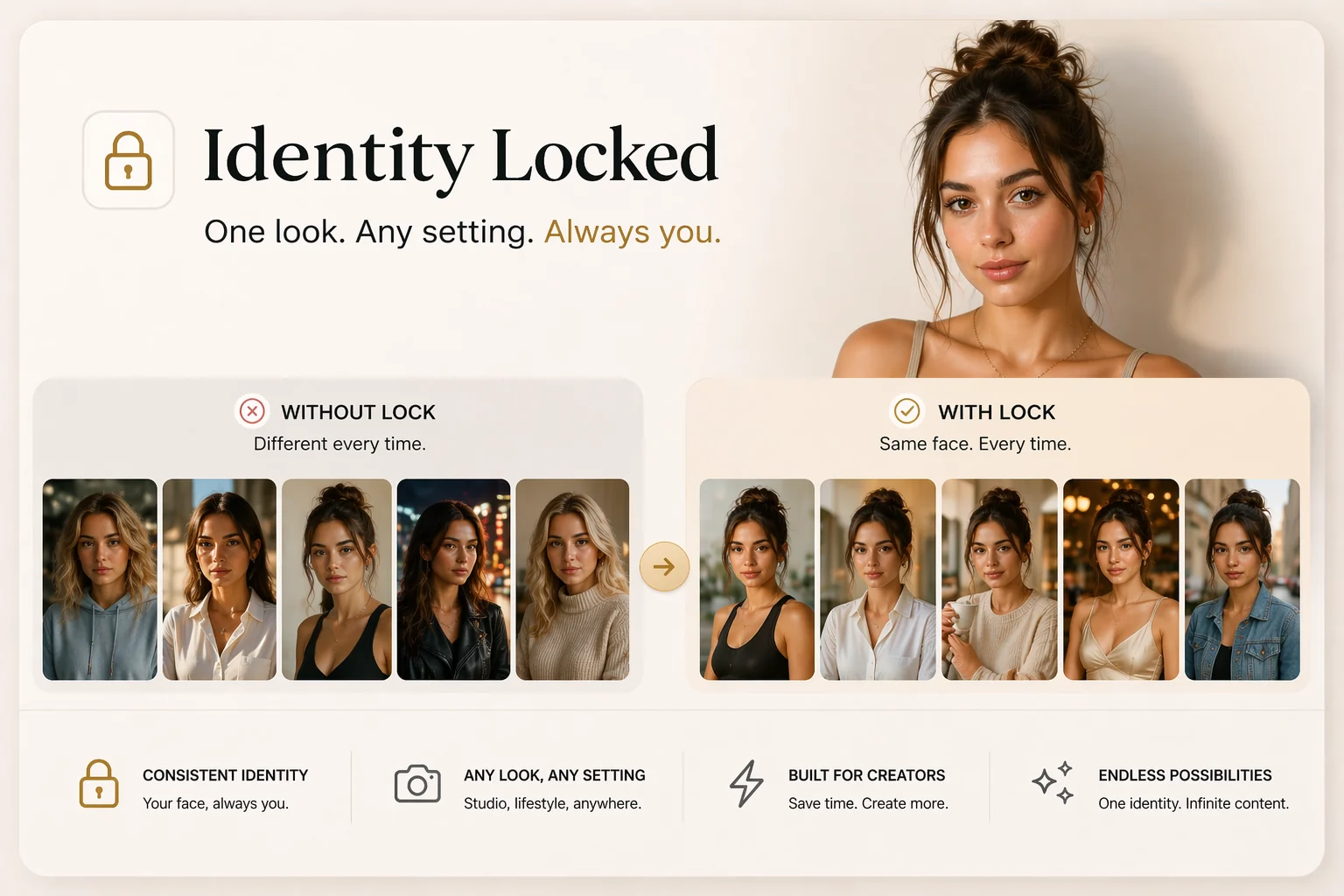 Side-by-side comparison: face drift from inconsistent AI vs. locked consistent AI identity
